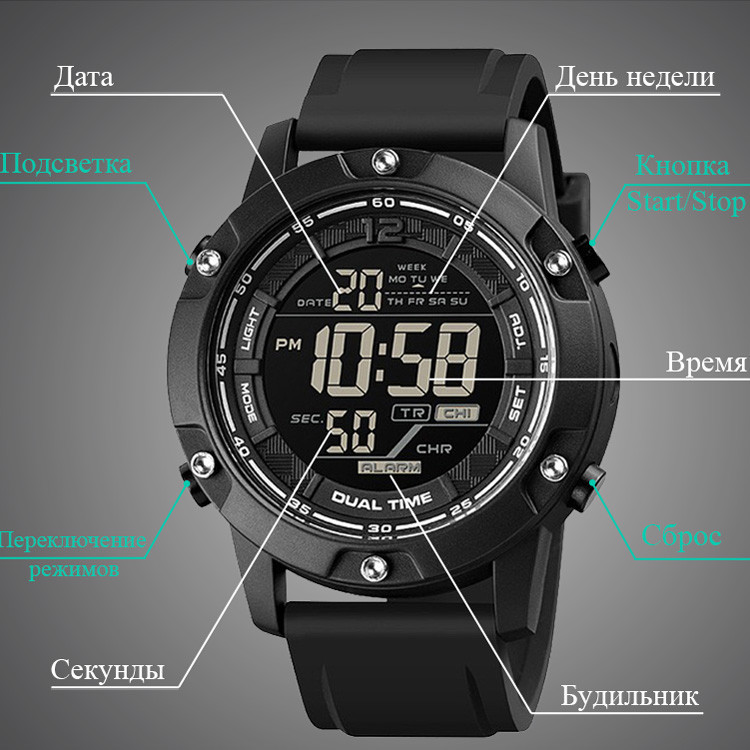 Чоловічий спортивний наручний годинник Skmei 1762 водонепроникні (Чорні) Київ - фото 3