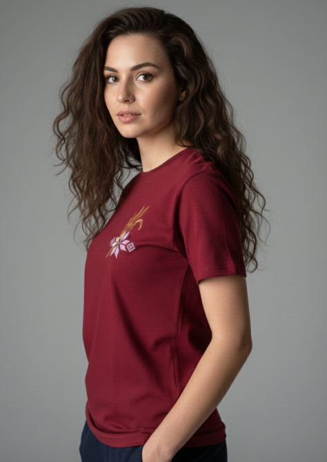 Женская неповторимая вышитая футболка вышиванка бордовая с нежным орнаментом Киев - изображение 2