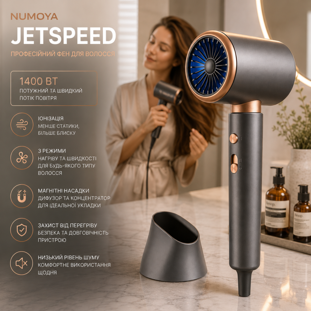 Фен Numoya Jetspeed 1400 Вт з іонізацією, 3 режими швидкості, магнітний дифузор і концентратор, професійний фен для волосся Київ - фото 8