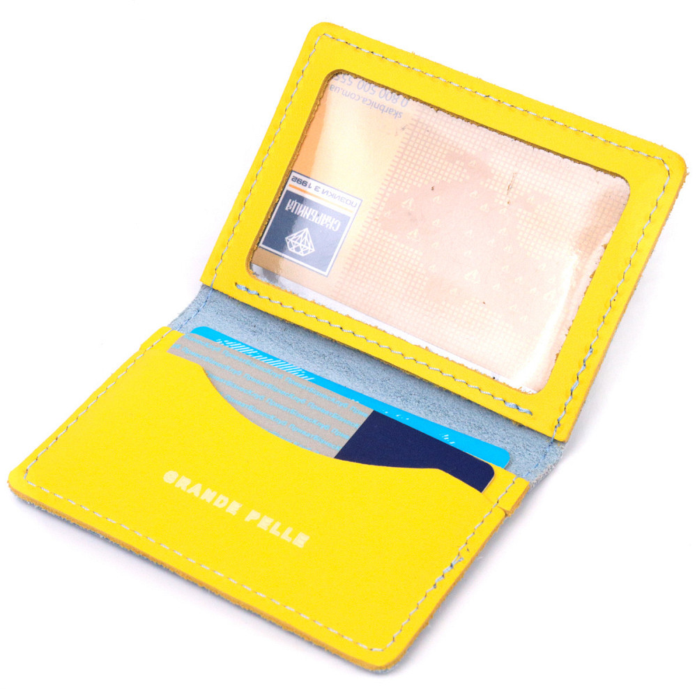 Оригінальна шкіряна обкладинка на документи комбі двох кольорів Серце GRANDE PELLE 16707 Жовто-блакитна Київ - фото 6