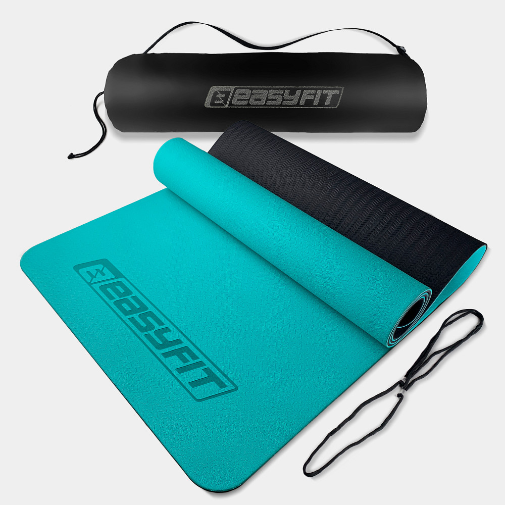 Килимок для йоги та фітнесу EasyFit TPE+TC 6 мм двошаровий + Чохол м'ятний-чорний Коломия - фото 1