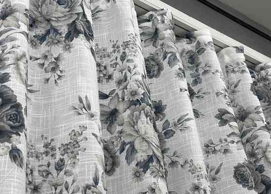 Тюль-штора лен с принтом цвет белый с серо-синим 1864т Киев
