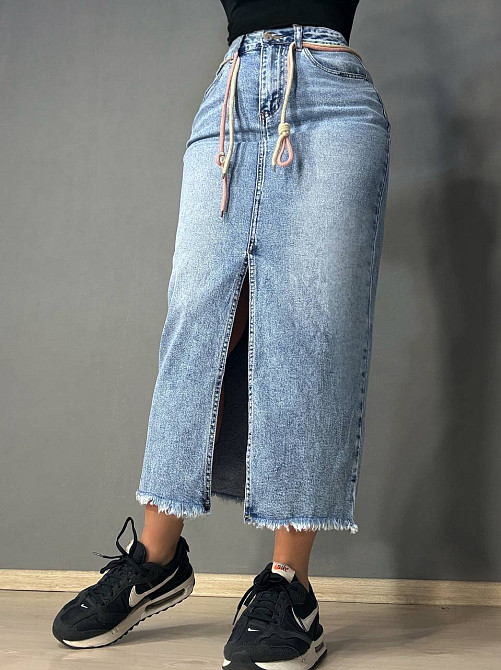 Женская юбка джинсовая Vanver 2032 длинная прямая с разрезом и поясом стрейчевая голубая, голубой, 33, 33, 93 см, 116 см Киев - изображение 4