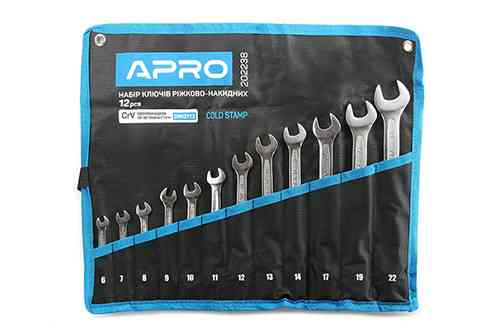 Набір ключів рожково-накидних CrV 12 шт (6-14, 17, 19, 22 мм) холодна штампування DIN3113 APRO Харків