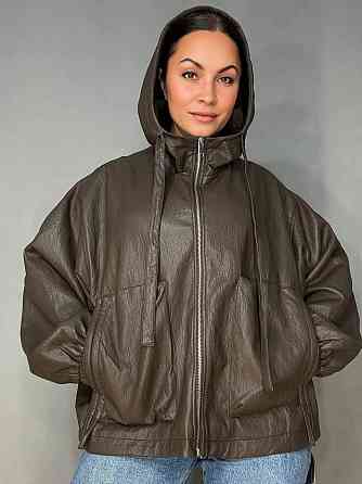 Куртка женская Dolly Villa JY-08-6396 из экокожи оверсайз с капюшоном большие размеры коричневая, коричневый, XL Киев
