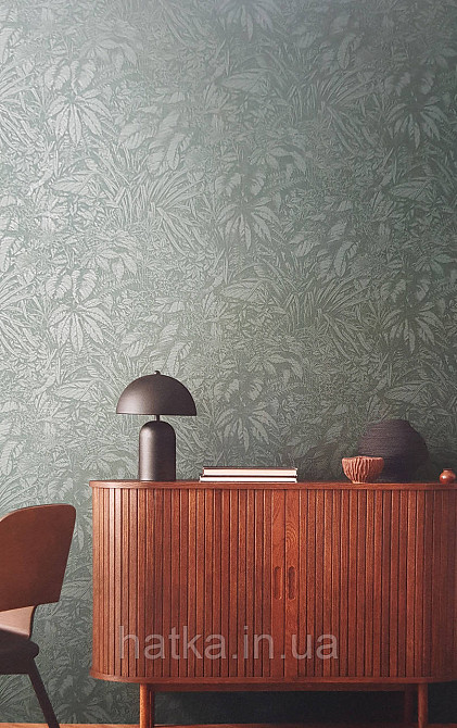 Шпалери вінілові на флізеліні AS creation Amber метрові 1.06Х10 листя гілки зелені зі сріблом Київ - фото 2