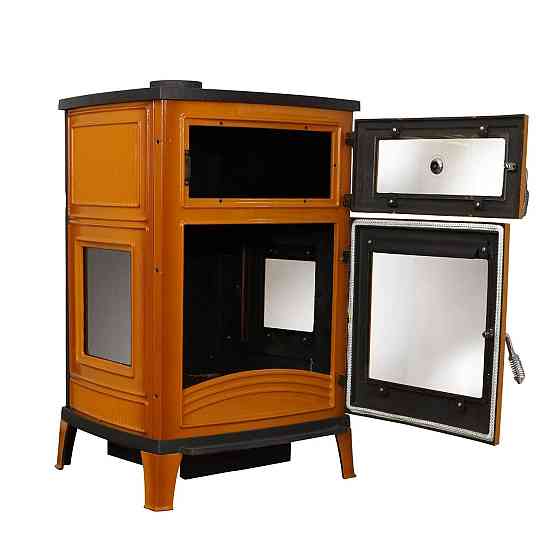 Піч-камін чавунна на дровах з духовкою Hosseven 8000E 13 кВт три скла верхній димохід жовта Київ