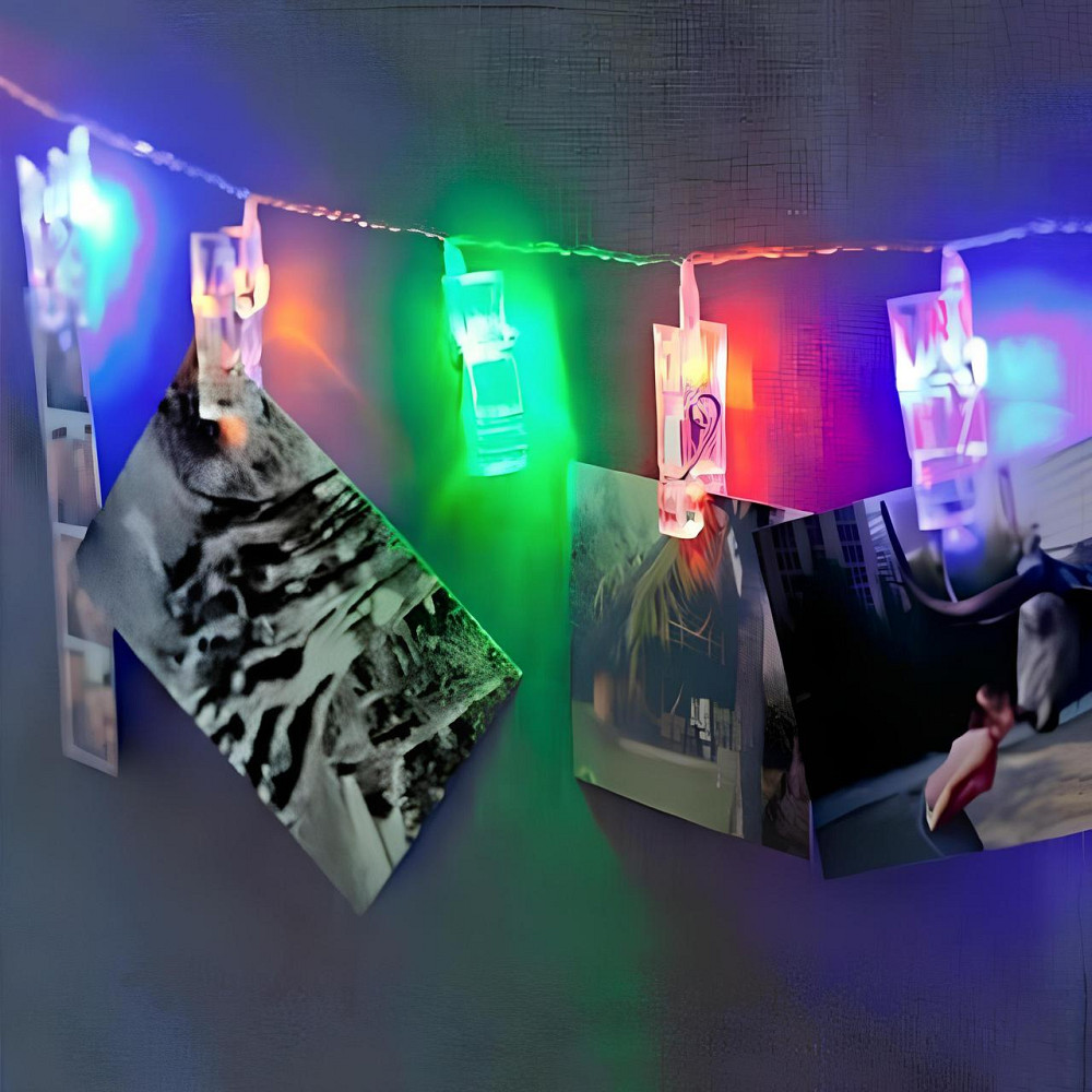 Світлодіодна гірлянда з прищіпками для фото RESTEQ 20 LED/2 м — гірлянда-прищіпки для фотографій, малюнків та декору з кольоровим Київ - фото 2