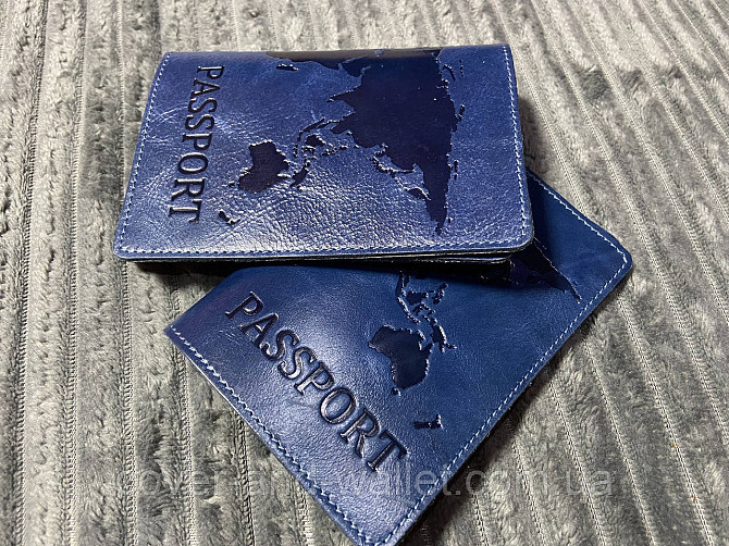 Синя шкіряна обкладинка на паспорт карта світу ST Leather Київ - фото 4