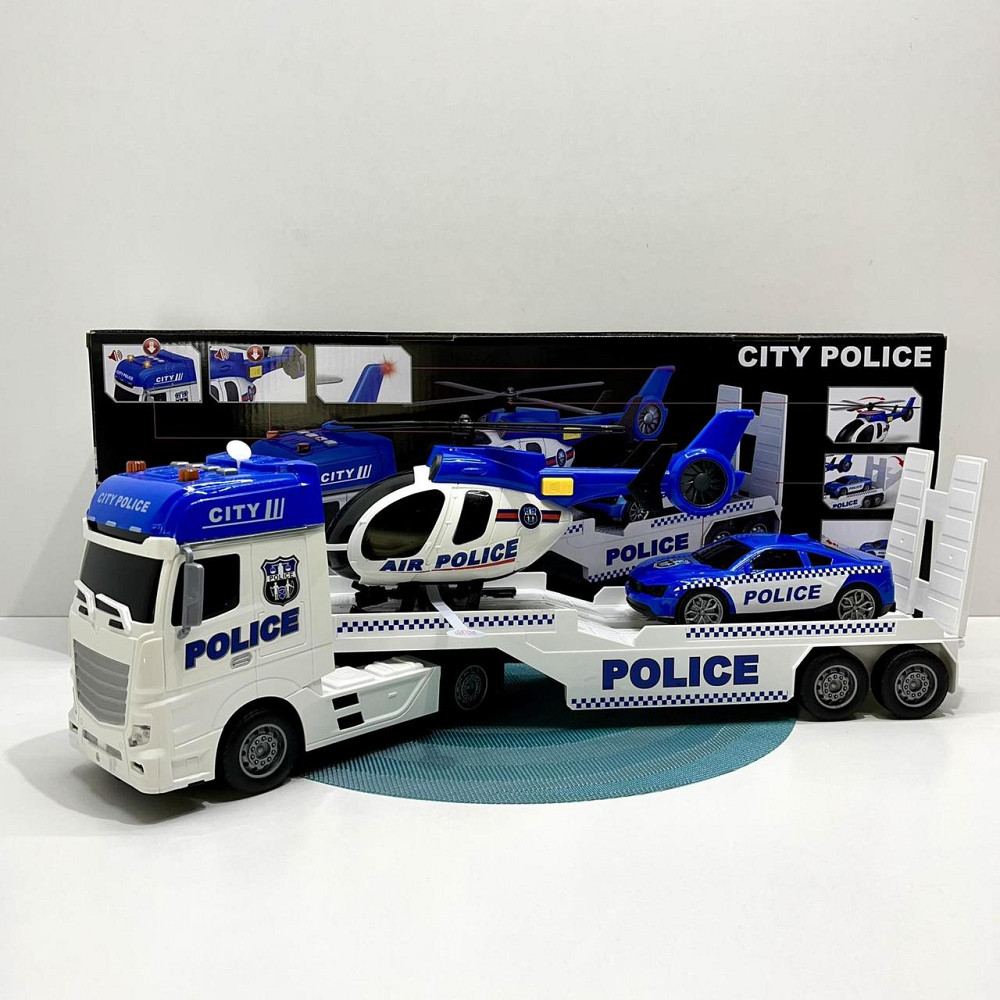 Трейлер Поліцейська машина звуки підсвічування інерція гумові шини машинка вертоліт Синій (666-66 F) Чернігів - фото 3