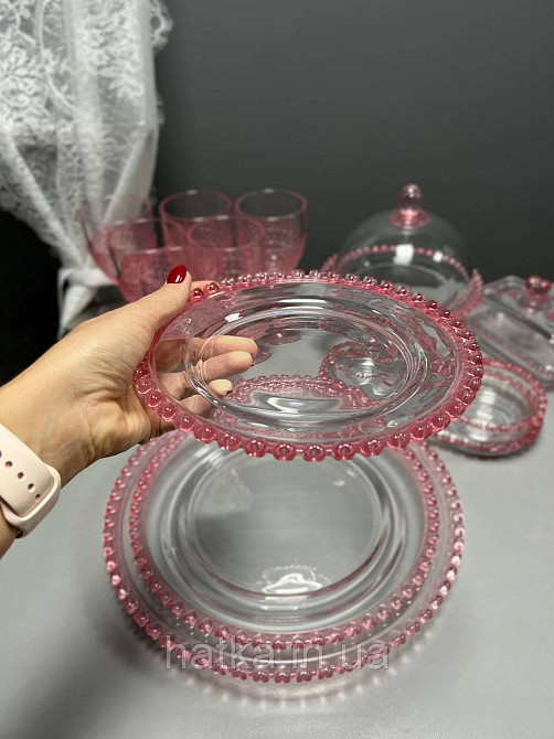 Тарілка "Рожеве серце" 32 см кругла прозора з рожевим обідком у вигляді серця Київ - фото 1