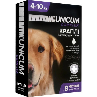 Капли для животных Unicum COMPLEX от блох, клещей и гельминтов на холке для собак 4-10 кг/4 шт (4820150202514) Винница - изображение 1
