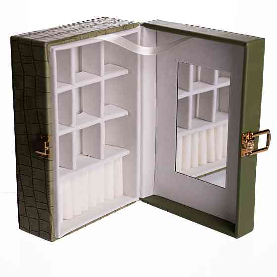 Скринька для прикрас з еко шкіри 10 відділень з дзеркалом 20×14×8 см Зелений HP-5-19GR Коломыя