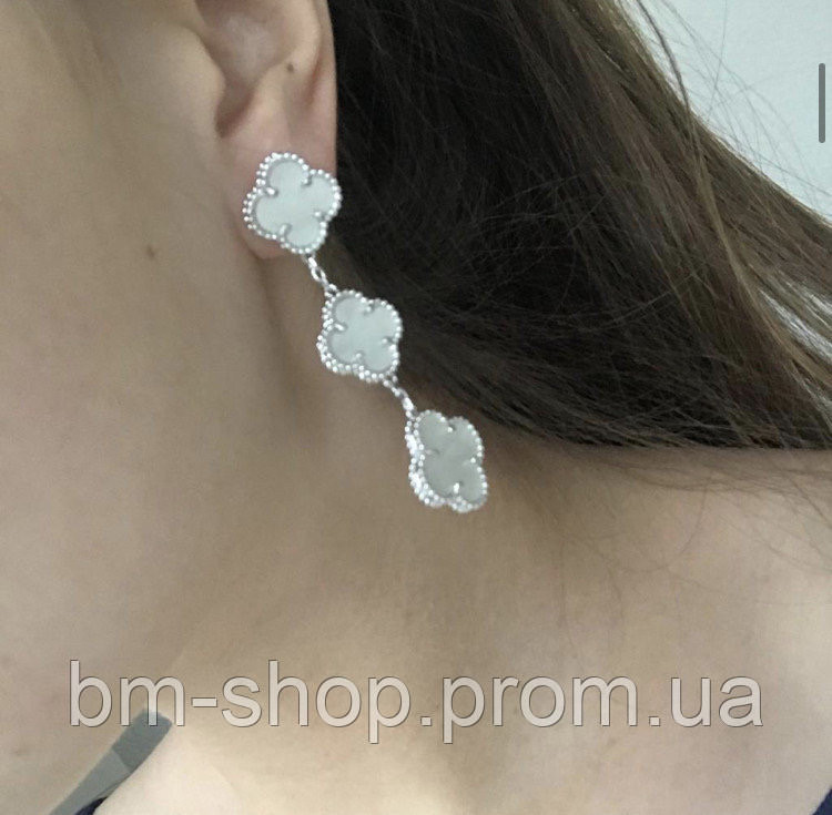 Серьги белые перламутровые Vancleef Ванклиф на 3 элемента покрытие серебро  / Сережки клевер длинные Одесса - изображение 2
