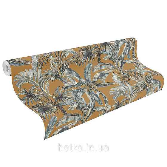 Шпалери метрові вінілові на флізеліні Rasch Clas геометрія листя пальми банана сірі на жовтому Київ