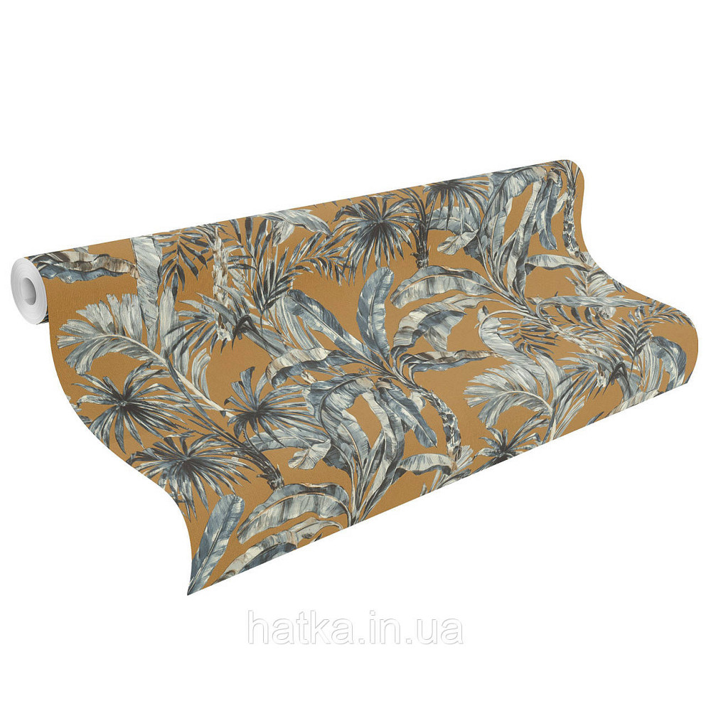 Шпалери метрові вінілові на флізеліні Rasch Clas геометрія листя пальми банана сірі на жовтому Київ - фото 2