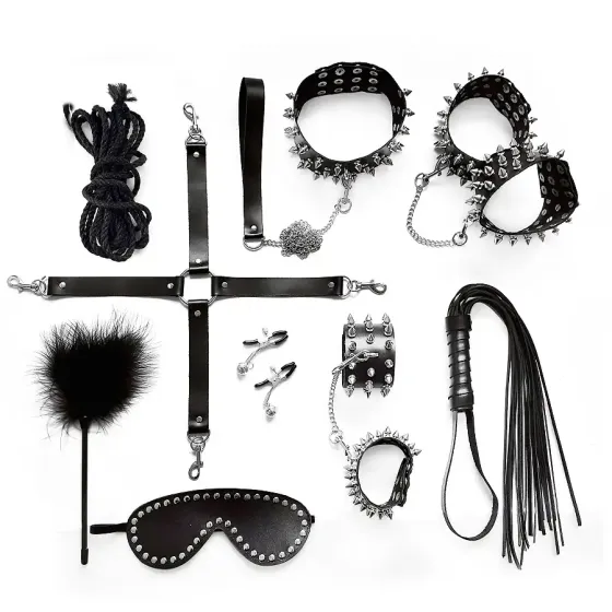 Набір Art of Sex - Spikes BDSM Set Leather, 10 предметів, натуральна шкіра, Чорний Львів