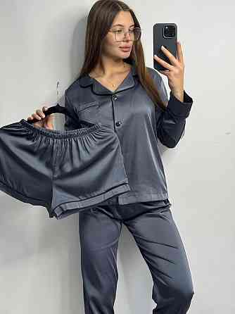 Комплект шовковий трійка сорочка з шортами і штанами Графітовий XL Харків