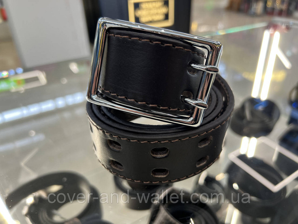 Коричневий чоловічий перфорований ремінь з пряжкою на дві спиці 40 мм PS Leather Київ - фото 2