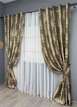 Комплект штор на люверсах VR-Textil Парча № 1775ш Бежевый с венге 155х270 см 2 шт (37-0259) Киев