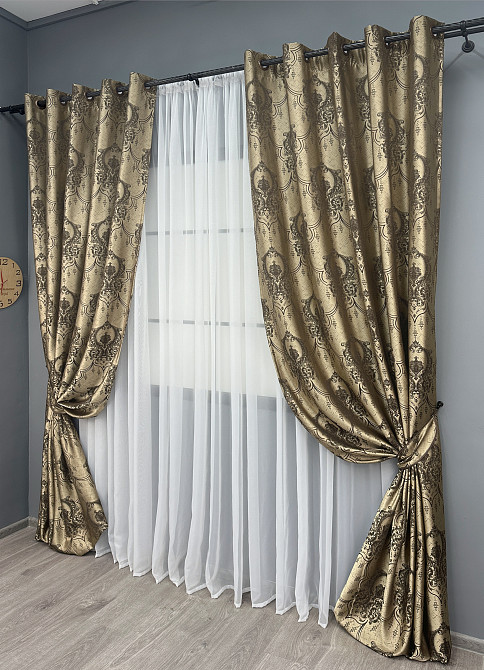 Комплект штор на люверсах VR-Textil Парча № 1775ш Бежевый с венге 155х270 см 2 шт (37-0259) Киев - изображение 3