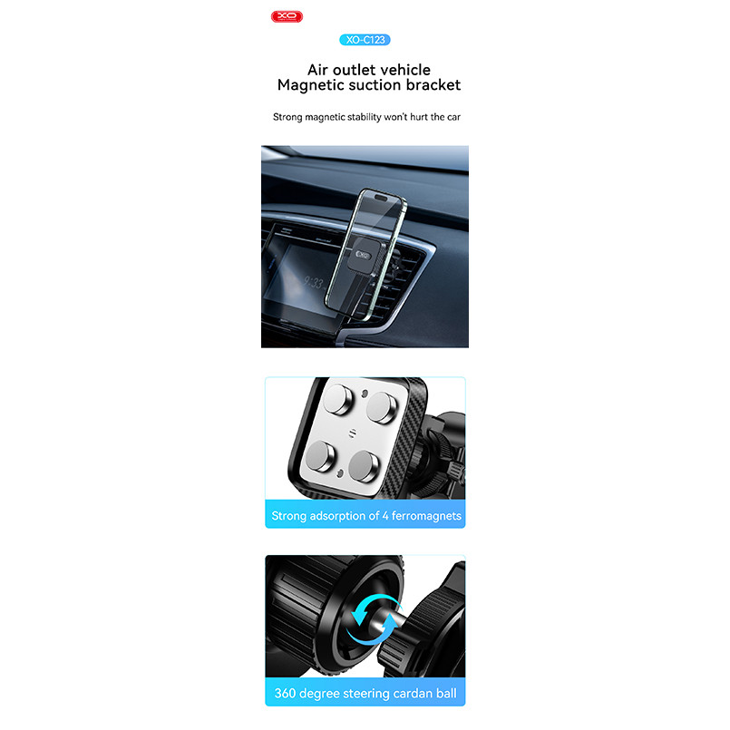 Тримач телефону автомобільний XO C123 Air Outlet Square Magnetic Bracket чорний Львів - фото 3