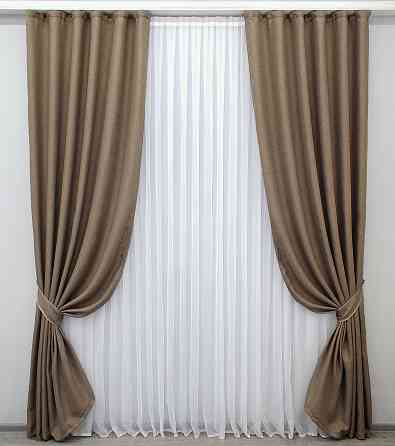 Комплект готовых штор VR-Textil Лен-блэкаут Лен Мешковина № 825ш Темный беж 100х270см 2 шт (31-325) Киев