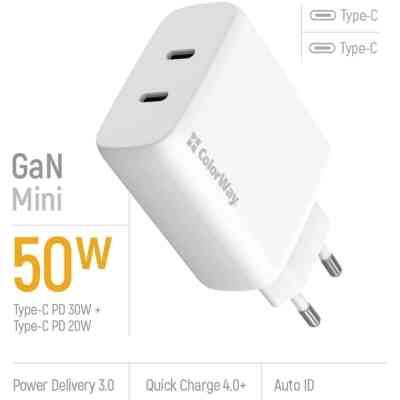 Зарядний пристрій ColorWay GaN Mini 50W PD Port PPS USB (Type-C PD 30W + Type-C PD 20W) white (CW-CHS050PD-WT) Вінниця