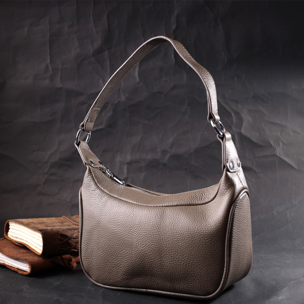 Кожаная женская сумка полукруглого формата с одной ручкой Vintage 22412 Серая Киев - изображение 9