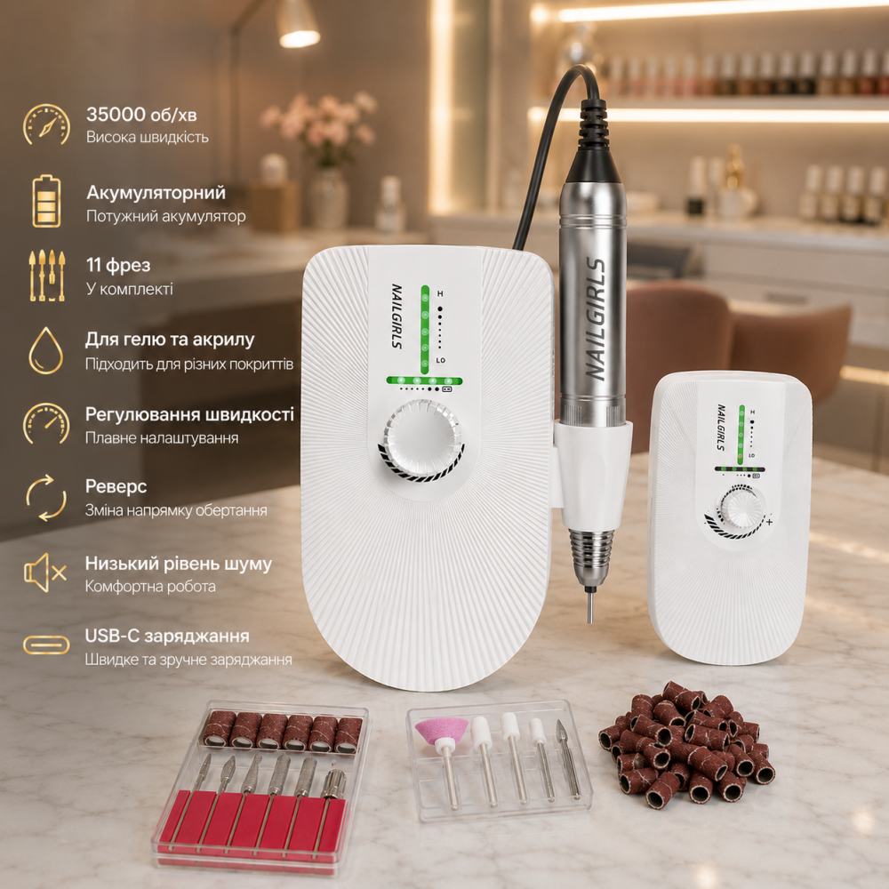 Уцінка Електричний фрезер для манікюру NAILGIRLS T18 35000 об/хв, акумуляторний, 11 фрез, професійний для гелю та акрилу Київ - фото 8