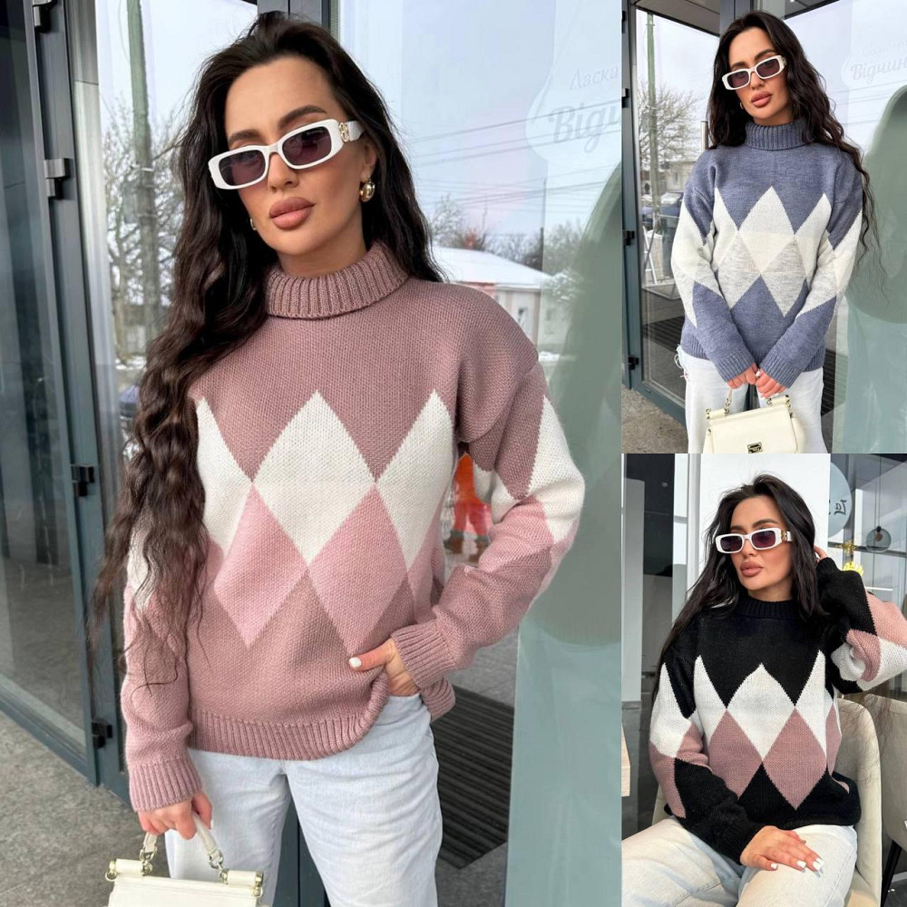 Жіночий в'язаний светр із високою горловиною триколірний.  42-48р Київ - фото 2