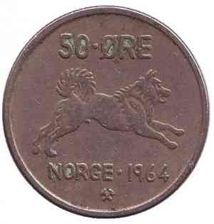 Собака. Монета 50 эре. 1964,66,67,72 год, Норвегия. (БД) Полтава