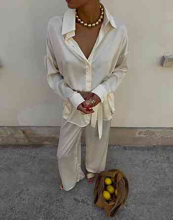 Женский легкий брючный костюм двойка: рубашка и брюки из шелка 46/48, Молочный Одесса