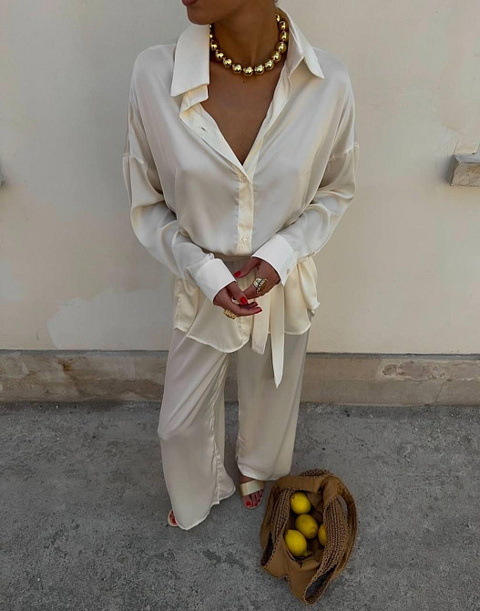 Жіночий легкий брючний костюм-двійка: сорочка та штани із шовку Молочний, 46/48 Одеса - фото 1