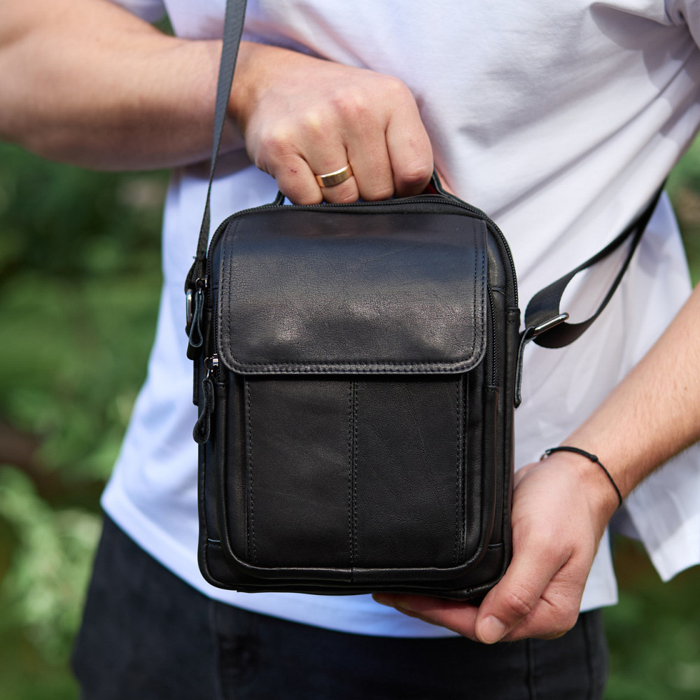 Сумка-барсетка чоловіча через плече 19х24х8, месенджер шкіряний гладкий Tiding Bag TD-55467 чорний колір Кам'янське - фото 6