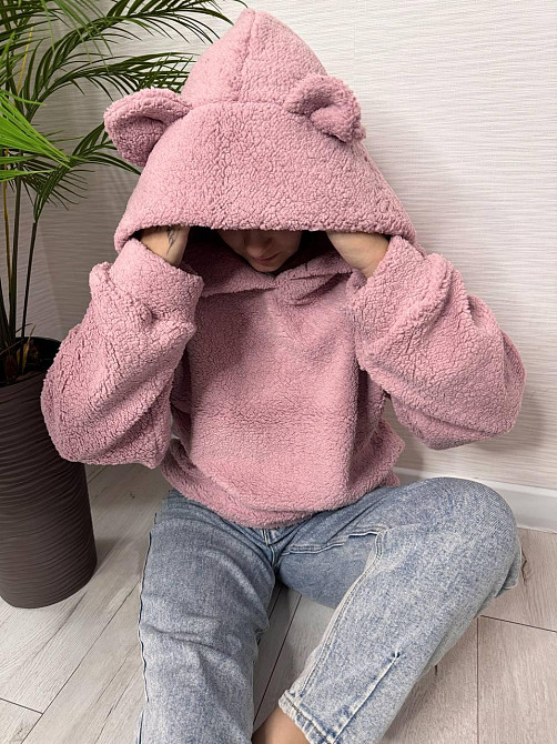 Женская теплая плюшевая худи с ушками турецкий мягкий мех Пудра Одесса - изображение 4