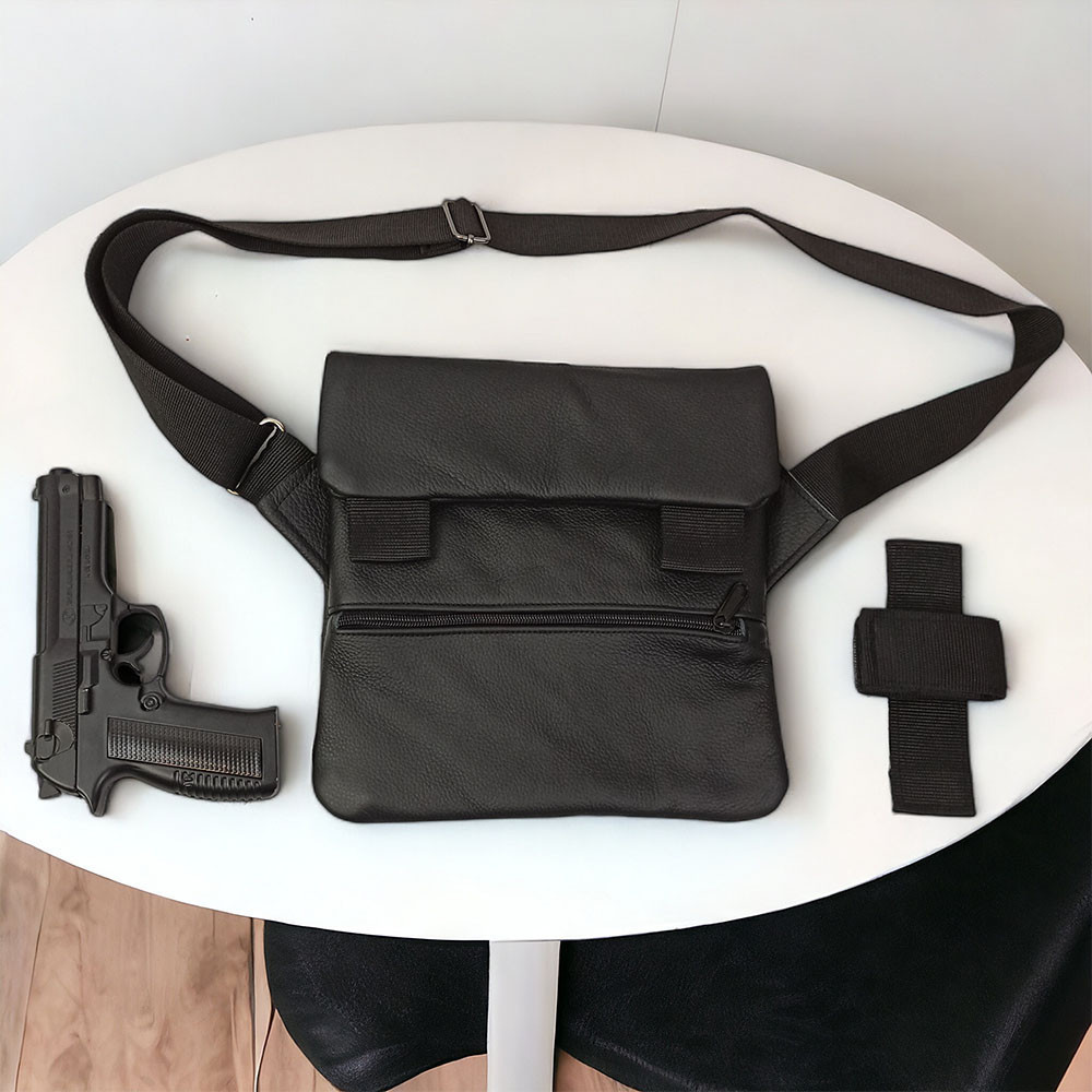 Сумка для прихованого носіння зброї з натуральної шкіри з кобурою, тактична барсетка месенджер через плече Київ - фото 7