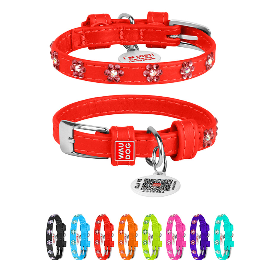Нашийник для собак шкіряний WAUDOG Glamour з QR паспортом, з клейовими стразами "Квіти", Ш 9 мм Коломия - фото 1