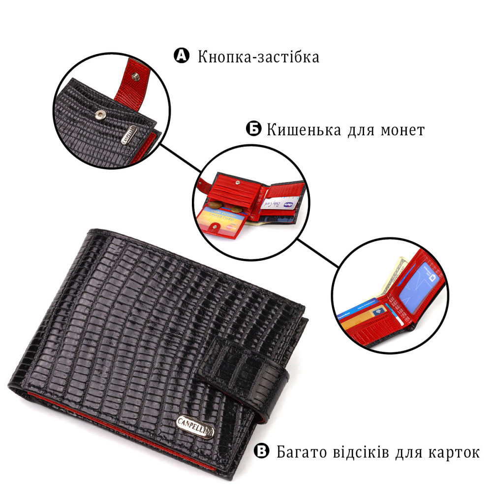 Лакированное компактное портмоне для мужчин из натуральной фактурной кожи CANPELLINI 21751 Черное Киев - изображение 7