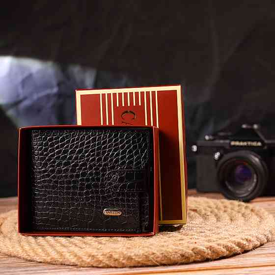 Чоловічий гаманець горизонтальний з натуральної фактурної шкіри Чорний (CANPELLINI) Київ