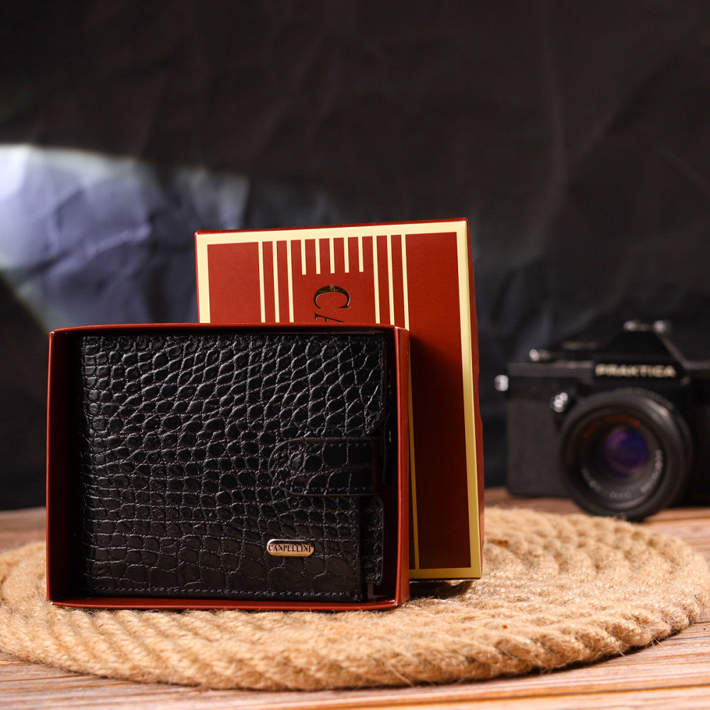 Мужской горизонтальный кошелек из натуральной фактурной кожи Черный (CANPELLINI) Киев - изображение 4