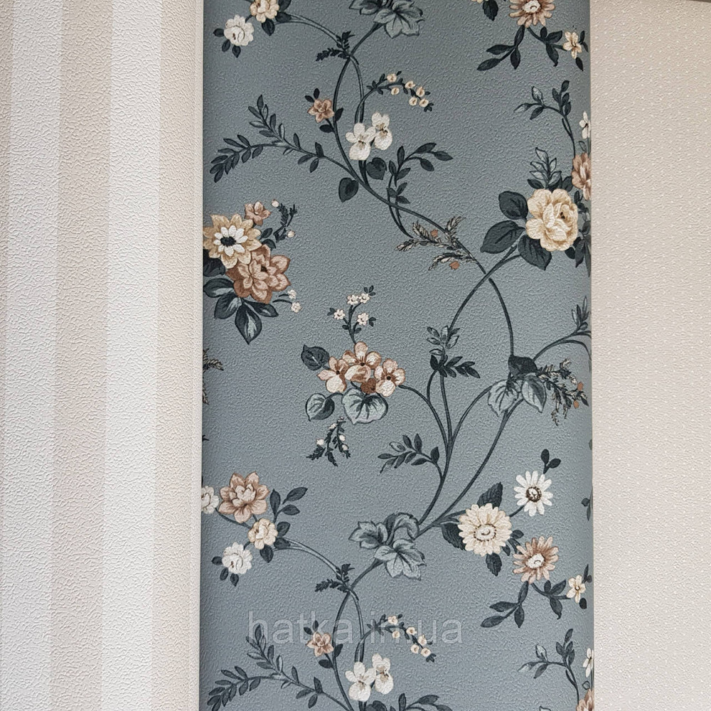 Шпалери вінілові на флізелін 0.53х10.05м Rasch Textil Petite Fleur 5.квіти троянди беж коричневі, чорні на сірому Київ - фото 2