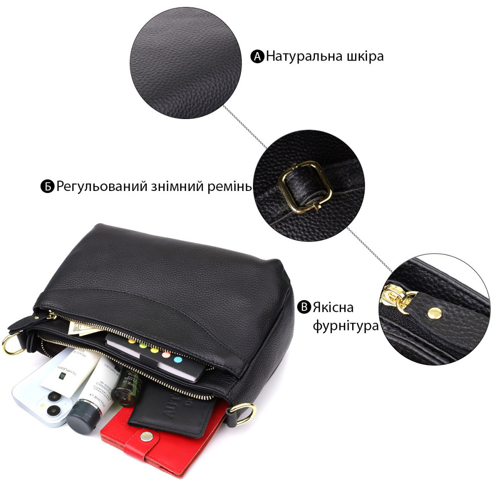 Класична жіноча сумка з жорстким дном із натуральної шкіри Vintage 22987 Чорний Київ - фото 4