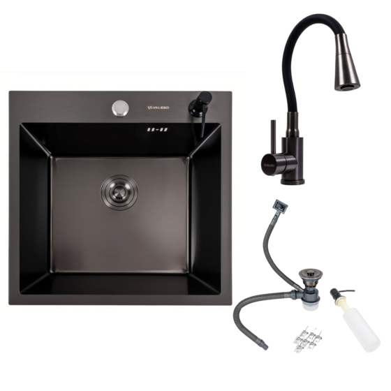 VALESO Кухонний комплект: Мийка Valeso Handmade (50x50 см) PVD чорна + Змішувач NES-F12 Киев