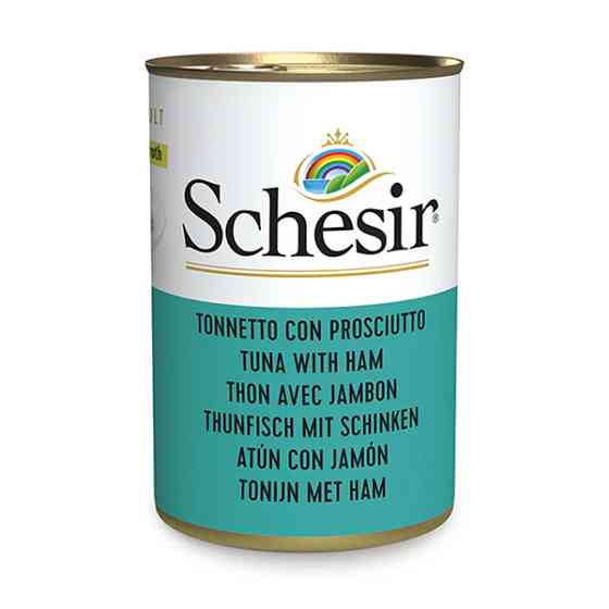 Schesir Tuna with Ham ШЕЗИР ТУНЕЦ С ВЕТЧИОЙ в бульоне натуральные консервы для котов, влажный корм, банка 140г Киев