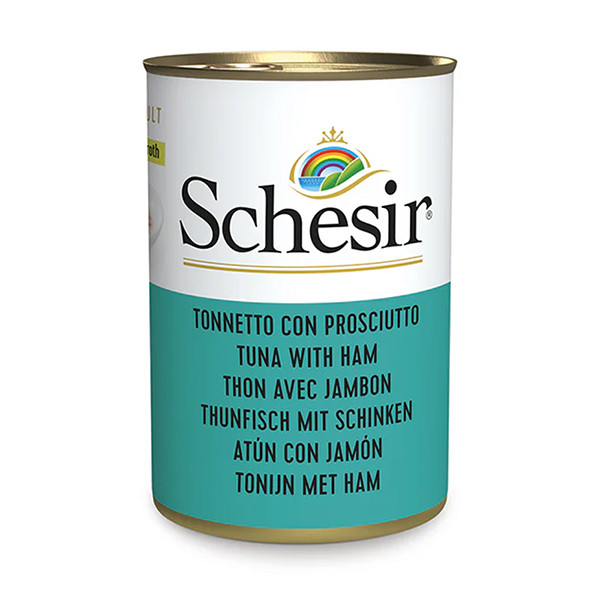 Schesir Tuna with Ham ШЕЗИР ТУНЕЦ С ВЕТЧИОЙ в бульоне натуральные консервы для котов, влажный корм, банка 140г Киев - изображение 1