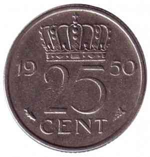 Монета 25 центов. 1950 год, Нидерланды. Полтава