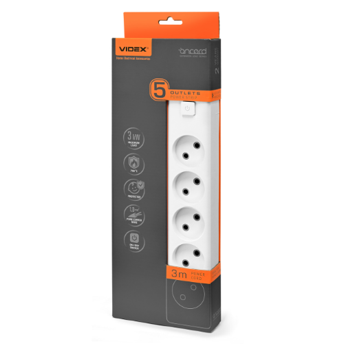 Мережевий подовжувач без заземлення 5 розеток 3м з кнопкою білий Oncord Videx Житомир