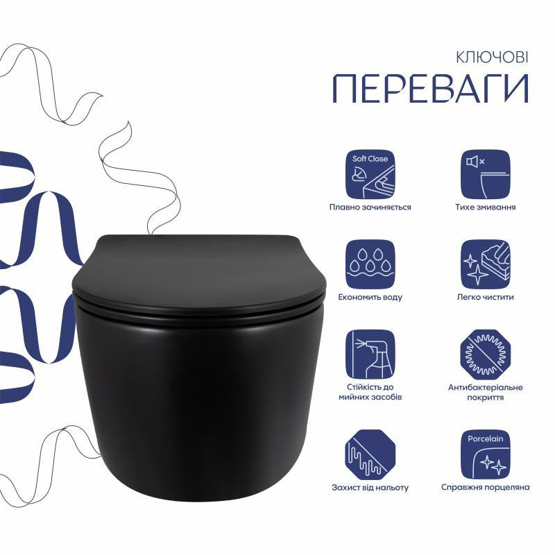 Унитаз подвесной Qtap Taurus Ultra Quiet 515×360×350 мм, Matt Black, с сиденьем Slim Duroplast / Soft-close / Quick Release Киев - изображение 3