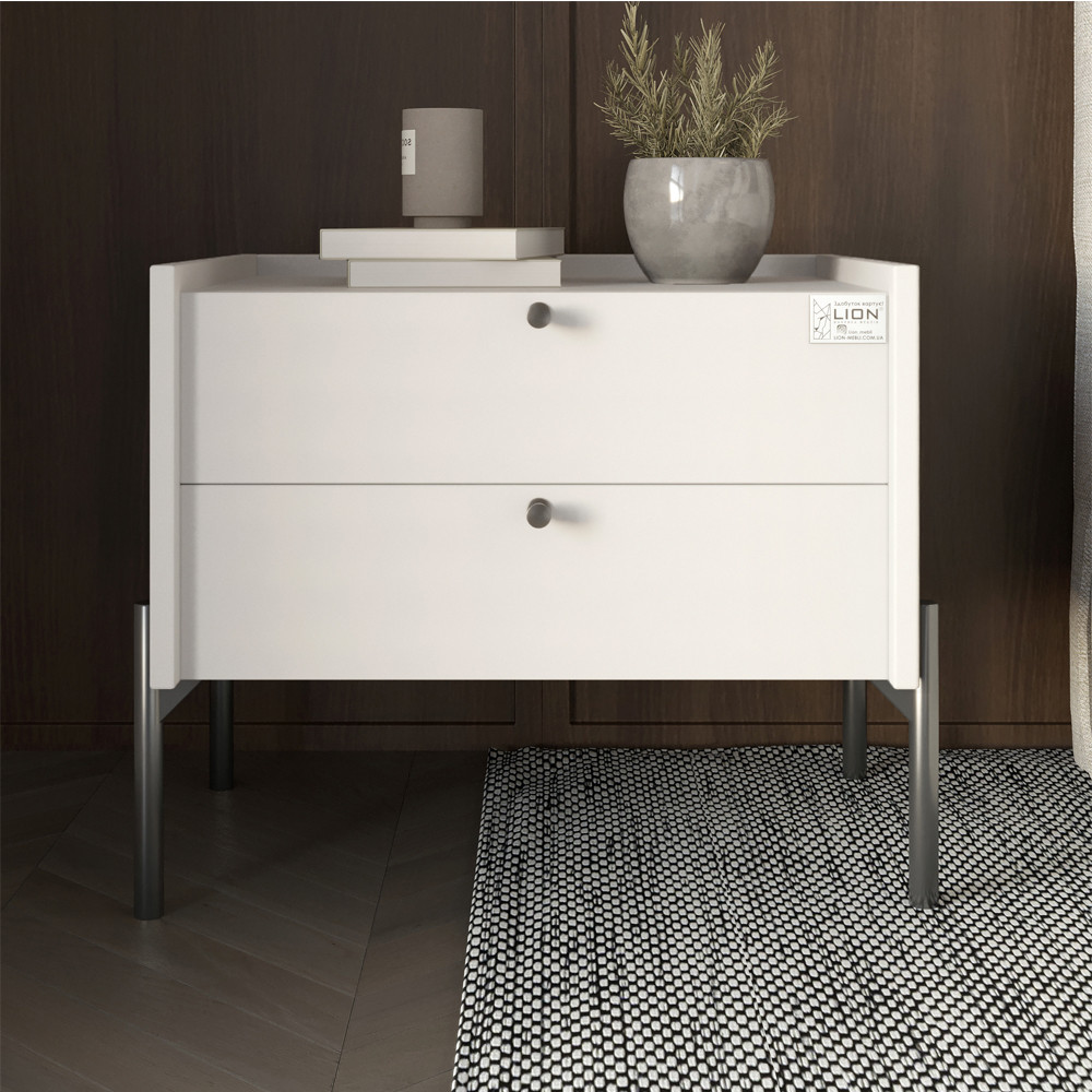 Тумба приліжкова LION Wood з двома шухлядами Німфея Альба (білий) (чорні ножки) (LION-041358) ТОП Дніпро - фото 1